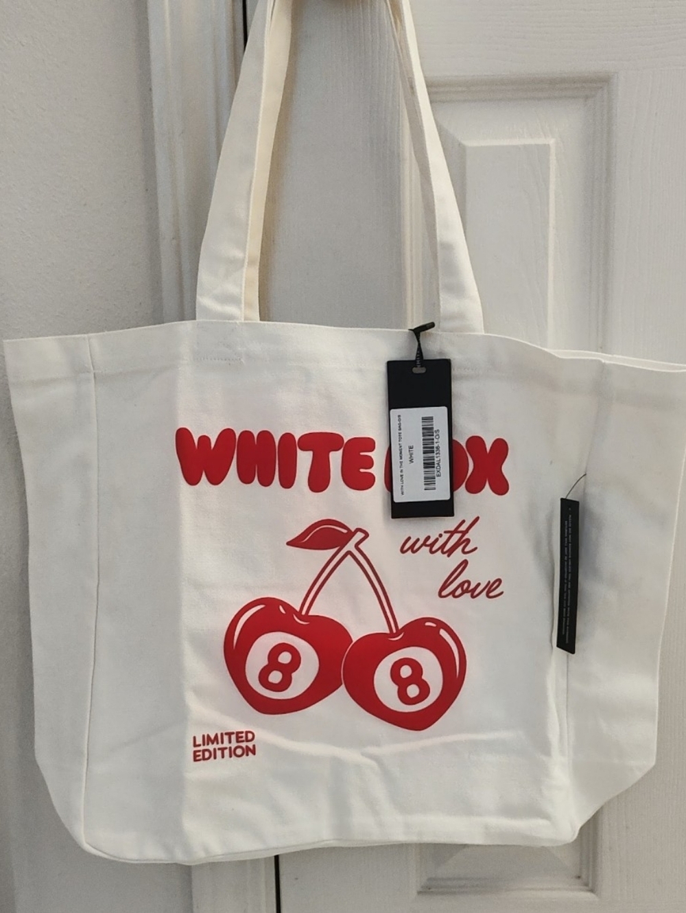 White Fox Boutique Cream Tote with Red Cherry Graphic